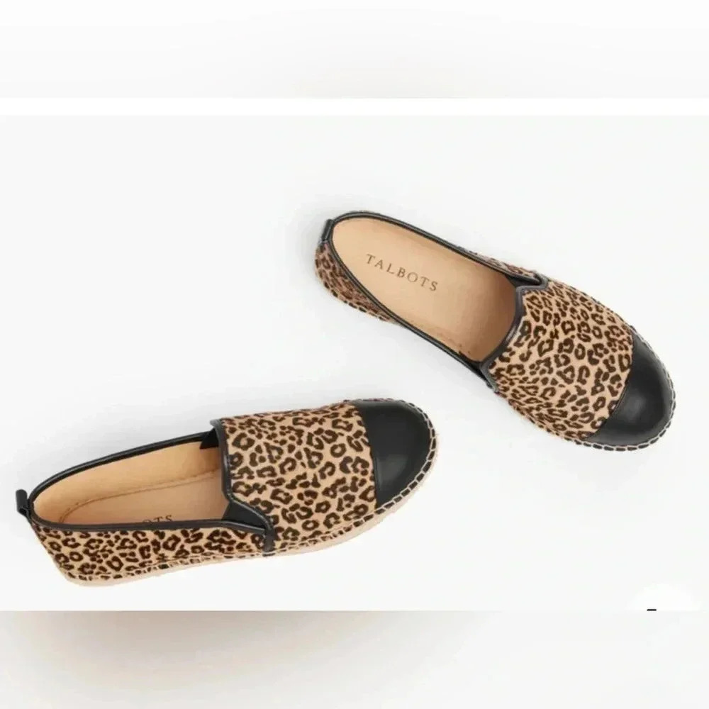 Talbots Leopard Calf Hair Cap Toe Leather Espadrille Flat Loafer Slip-On 8.5 NEW